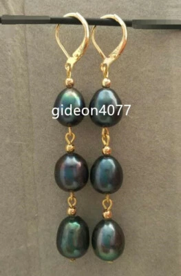 new 10-12MM AAA PERFECT south sea black pearl dangle earrings 14K GOLD - Image 1 of 4