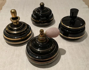 4 PIECE GLASS ART DECO PERFUME DRESSING TABLE VANITY SET BLACK GOLD VINTAGE USED - Picture 1 of 12