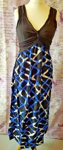 Happy D Damart Black Maxi Dress Crossover V-Neck Blue Geometric Print Size M - Picture 1 of 6
