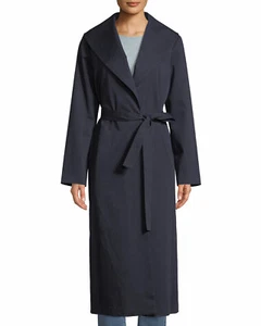 EILEEN FISHER Navy Blue Belted Stretch Twill Organic Cotton Long Trench Coat L - Picture 1 of 12