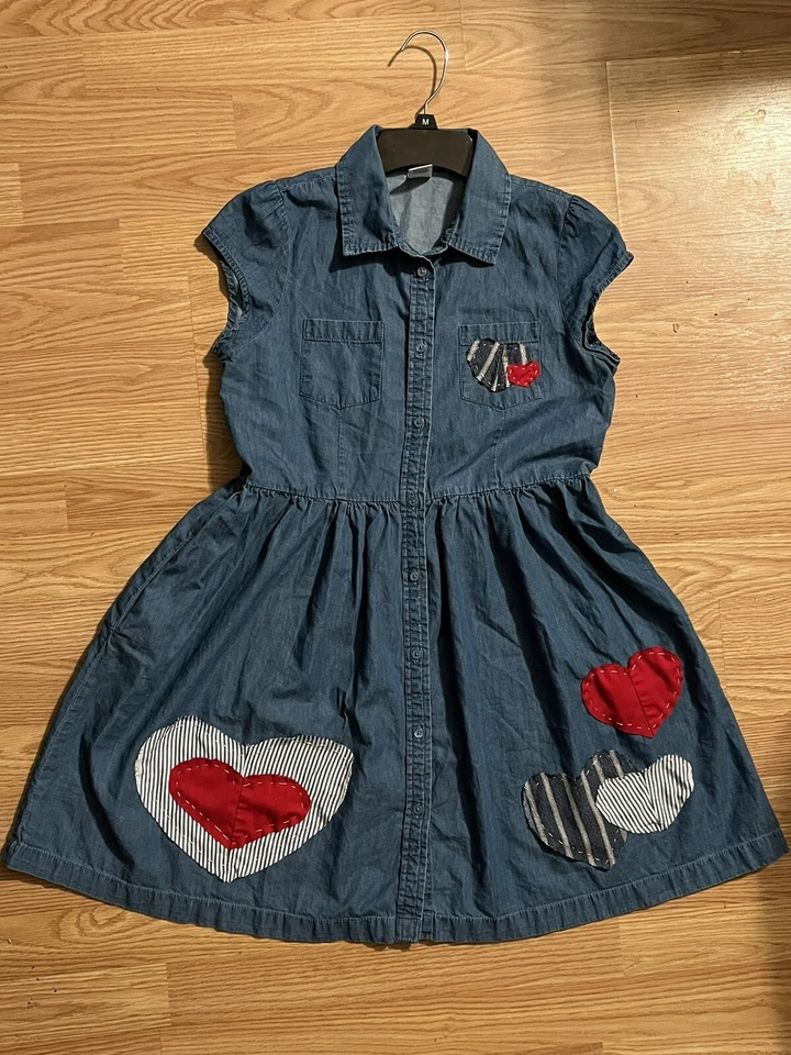 Vestido de campo Chambray denim cor azul aplicado à mão coração patriótico GP tamanho 16 - Imagem 1 de 4
