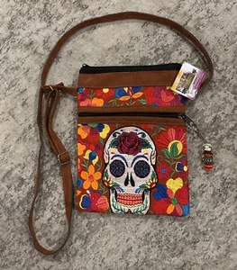 Day of the Dead Embroidery Suede Shoulder Purse Lined 2 Zip Purse NWT - Picture 1 of 10