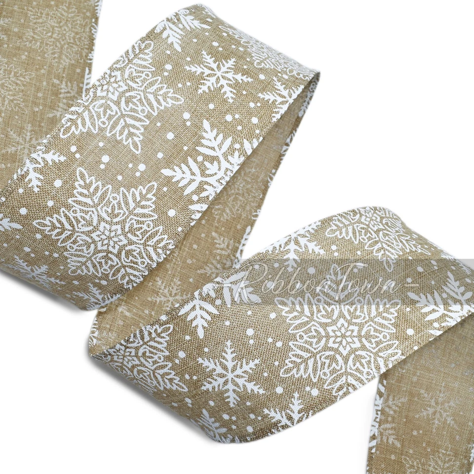 Copos de nieve invierno beige Navidad granja cinta con cable 2,5" de ancho x 5 yardas Foto 1 de 1
