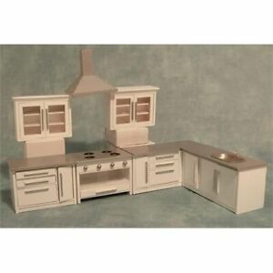 1/12 Dolls House Miniature Modern White & Silver Kitchen Set, Cooker, Sink DF977