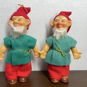 Vintage Pair Rubber Elf Gnome Dwarf Pixie Christmas Ornament Japan Cotton Beard - Picture 1 of 10