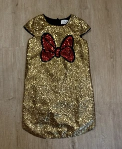 Sz 9/10 Disney Girls Minnie Mouse Gold Sequin Shift Party Dress Red Bow - Picture 1 of 5
