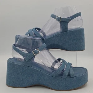 Steve Madden Becca Denim Fabric Platform Sandals Wedges Strappy Womens Sz 10 EUC - Picture 1 of 9