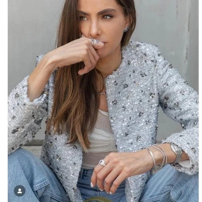 NEW ZARA (Size XS) Cropped Silver Sequin Jacket ZW Collection SS24 - Image 1 of 4