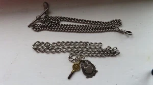 2 Antique Solid Silver Pocket Watch Chains and Fob & No. 8 Key Fully Hallmarked. - Picture 1 of 13