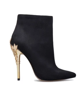 Belamie by SHOEDAZZLE, Black faux suede 4.25" gold embellished heel boots SZ 8.5 - Picture 1 of 5