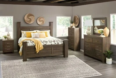 NEW Queen Poster Bedroom 5PC Rustic Oak Brown Vintage Barn Traditional B/D/M/N/C - Image 1 of 4