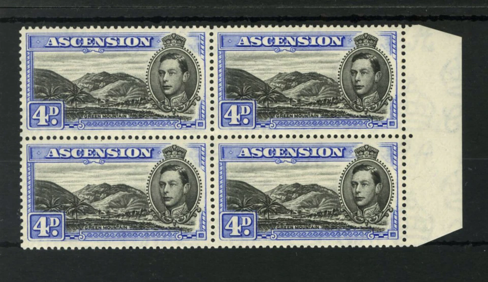 M1736 Ascension 1944 SG42c - 4d black & ultramarine, right marginal block of 4. - Изображение 1 из 2