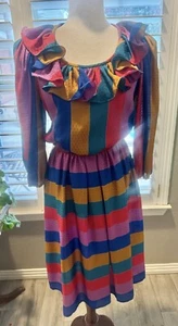 VTG 70s 80s Bright Vibrant Striped Party Funky Cocktail Ruffled Medium Large - Picture 1 of 5