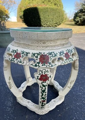 Hand Painted Laquer Cream Green Red Cloisonné Side Table ~ Glass top custom made - Image 1 of 4