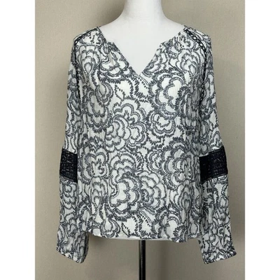 Zac & Rachel Women’s LS 1X Peasant Blouse Gray Floral W/ Navy Blue Whimsy Goth - Image 1 of 4