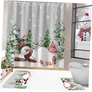Christmas Shower Curtain Sets 4pcs Winter Snowman 71"W x 71"L (Pack of 1) Grey - Picture 1 of 7