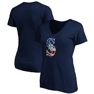 Women's Navy Seattle Mariners Logo Banner Wave V-Neck T-Shirt - Picture 1 of 3