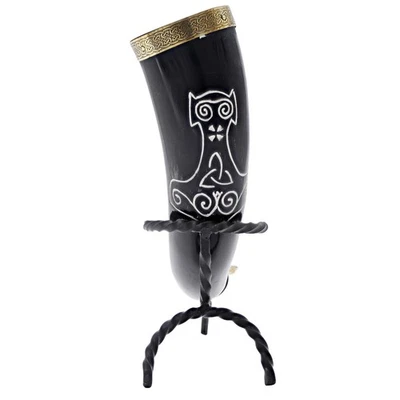 Cuerno de beber Mjolnir vikingo medieval con soporte forjado a mano - Juego de 12-18 oz Foto 1 de 4