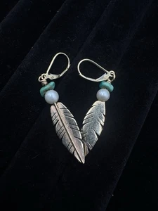 14K Gold Leverback Earrings w/ Turquoise, Pearl & Sterling Feather Drops – 3.26g - Picture 1 of 4