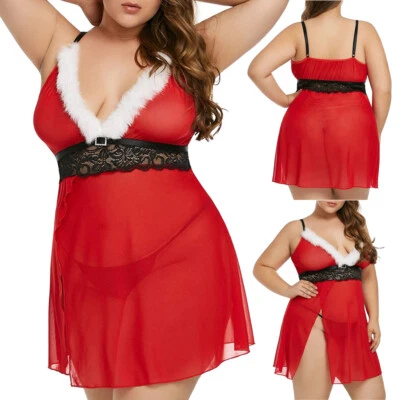 Mujeres Talla Grande Sexy Lencería Roja Papá Noel Juegos con disfraces Navidad Babydoll Chemise Foto 1 de 4