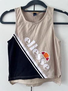 Ellesse UK 6 Vest Top Print Beige Some Cracking to Print Cropped Round Neck L05 - Picture 1 of 8