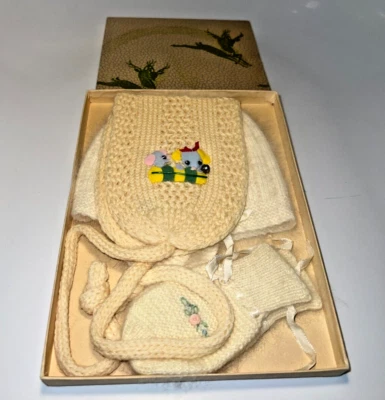 Vintage Old Stock Set Wool Knit Winter Baby Clothes Set Made Japan - Image 1 of 4