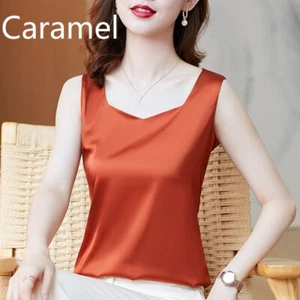 Women Silky Plain Satin Tank Vest Top Wide Strap Camisole Sleeveless Blouse Chic - Picture 1 of 19