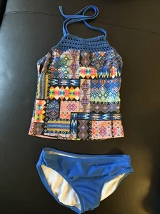 ART CLASS aztec 2 Pc Girls Bathing Suit Swimwear Blue M 7 8 Bikini - Picture 1 of 5