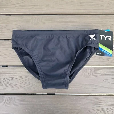 TYR Men's Solid Black Nylon Drawstring Racer Swimwear Briefs Size 30 NEW - Image 1 of 3