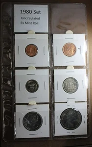 * 1980 6 COIN SET ALL EX MINT ROLLS IN 2X2 HOLDERS AND PAGE #ACH47 - Foto 1 di 9
