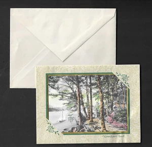 Tarjeta de felicitación vintage sin usar CUMPLEAÑOS Woodland Trail árboles barco en el lago - Imagen 1 de 3