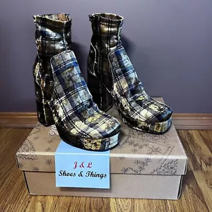 FREE PEOPLE Boots SMYTH PLATFORM Ankle Mustard Plaid 5" Wrap Heel Size 39 EUC - Picture 1 of 17