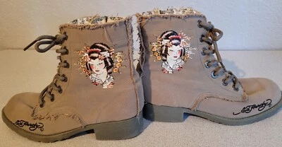 BOTAS ED HARDY JÓVENES/MUJERES CON CREMALLERA Y CORDONES, DAMA GEISHA BESO DE MUERTE, TALLA 5 Foto 1 de 4