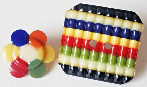 2 Different Multi-Color Laminated Celluloid Buttons, 1920's-40's Cover