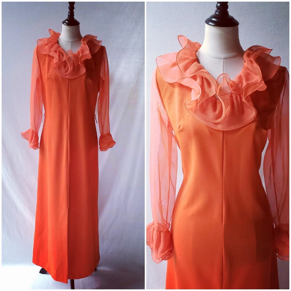 Maxi Vestido Vintage Naranja Poliéster Manga Larga Volantes L Foto 1 de 4