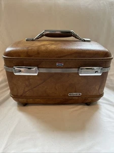 Vintage American Tourister Train Case Cosmetic Tray Suitcase Brown w/ Key - Picture 1 of 22
