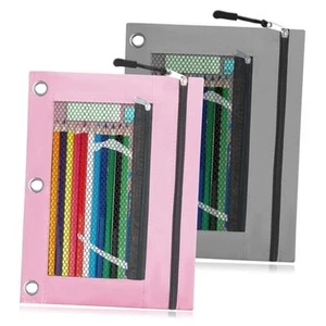 Pencil Pouch for 3 Ring Binder, 2 Pack Zipper Pouches with Double Gray& Pink - Picture 1 of 8