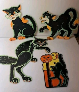 MCM Halloween Gatto Graffi Snodato Gatto Nero con 3 Beistle Fustellati Anni 60 Lotto USATO! - Foto 1 di 7