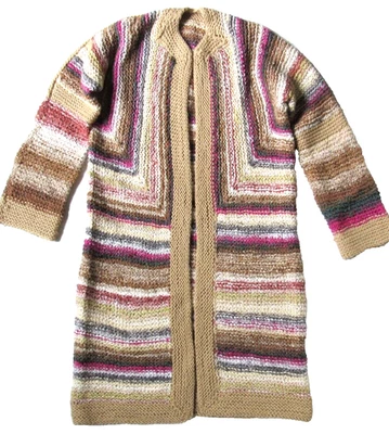 Handknit Beige Tan Pink Gray Stripe Long Cardigan Duster Sweater Coat S Small - Image 1 of 4