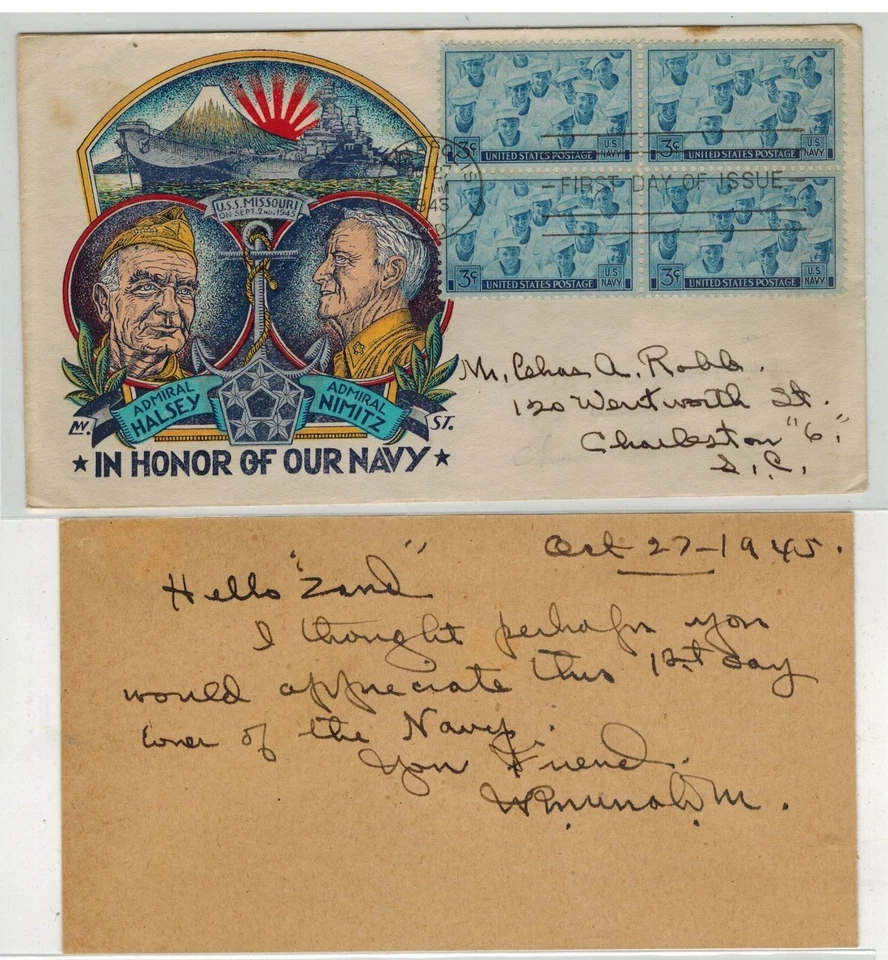 Patriotic FDC STAEHLE FULL COLOR 935 NAVY ADMIRALS HALSEY & NIMITZ & DATED CARD - Image 1 of 1