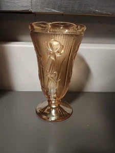 VTG Jeannette Marigold Carnival Glass Footed Vase 9" Iris Herringbone Pedestal - Picture 1 of 3