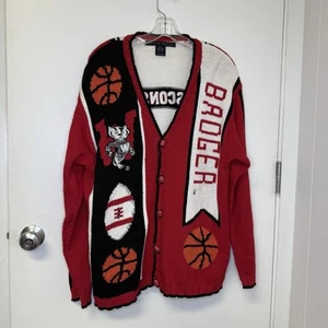 THE BEST WISCONSIN BADGERS Football Basketball Logo Knit Cardigan Sweater Sz L - Picture 1 of 11