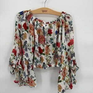 Floral Cropped Bell Sleave Blouse Womans Size Small - Picture 1 of 5
