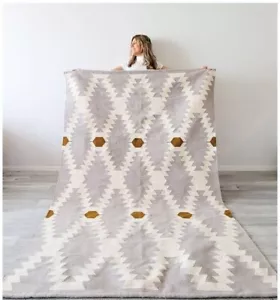 Wollbereich Boho Teppich Vintage Kilim Modern Teppich taupe cremefarben Südwest Wohnzimmer - Bild 1 von 5