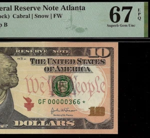 2004A $10 Federal Reserve Note Atlanta PMG 67EPQ 3rd finst low serial Fr 2039-F* - Picture 1 of 3