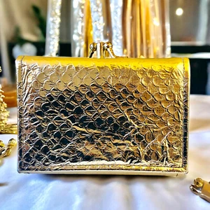 Vintage Gold Leder Geldbörse Dreifachfaltung Struktur Geldbörse Top Grain Rindsleder NEU - Bild 1 von 13