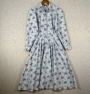 Talbots Maxi Abito Donna 8 Blu Lavaggio Chiaro Denim Floreale Bottone Tasca Vintage - Foto 1 di 14