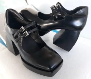 Jeffrey Campbell Corgi ~ Mary Jane Plataformas de Cuero Negro Tacón Bloque ~ Talla 8.5 - Imagen 1 de 22