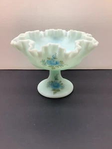 Fenton Hand Painted & Signed Blue Custard Glass Compote Ruffled Edge - Picture 1 of 8