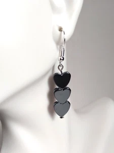 Hematite Earrings Heart Beaded Linear Dangle Hook Stone Spiritual Nickel Free - Picture 1 of 11